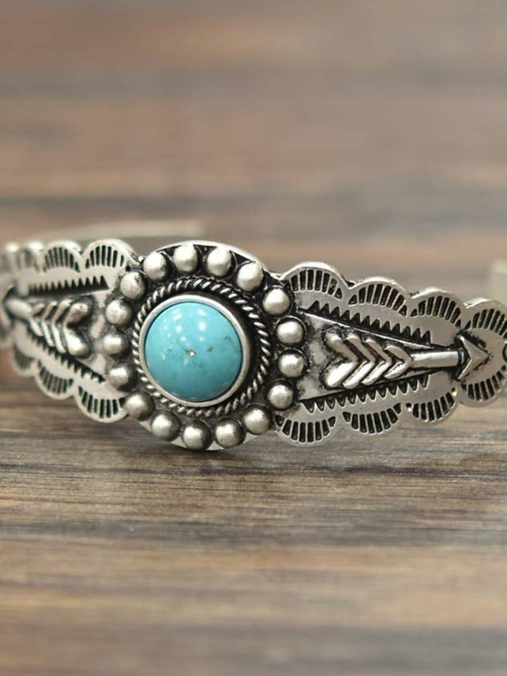 Turquoise Concho Arrow Cuff Bracelet Western Boho Silver Tone Adjustable